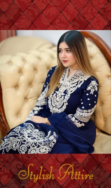 Pakistani Boutique Tail gown Style Chiffon 3Pcs _ Navy Blue 